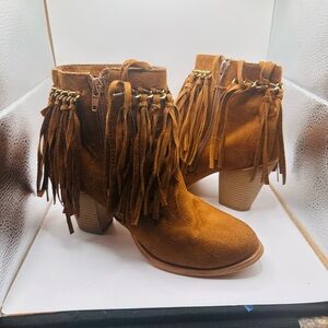 Fringe Suede Ankle Boots in Cognac